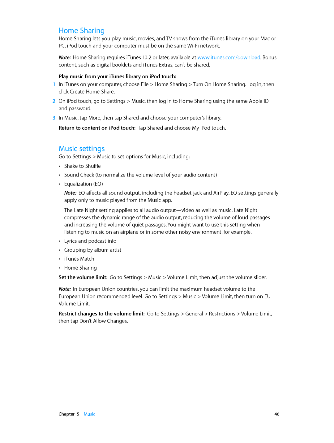 Apple ME643LL/A, MC903LL/A, MD724LL/A manual Home Sharing, Music settings, Play music from your iTunes library on iPod touch 