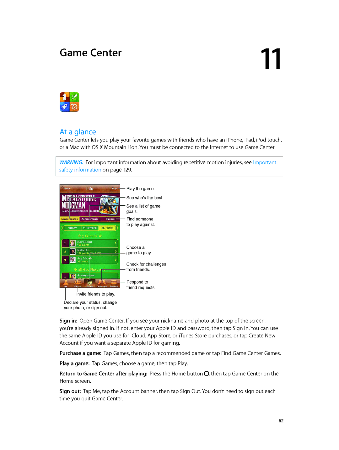 Apple MD724LL/A, MC903LL/A, ME643LL/A manual Game Center, At a glance 