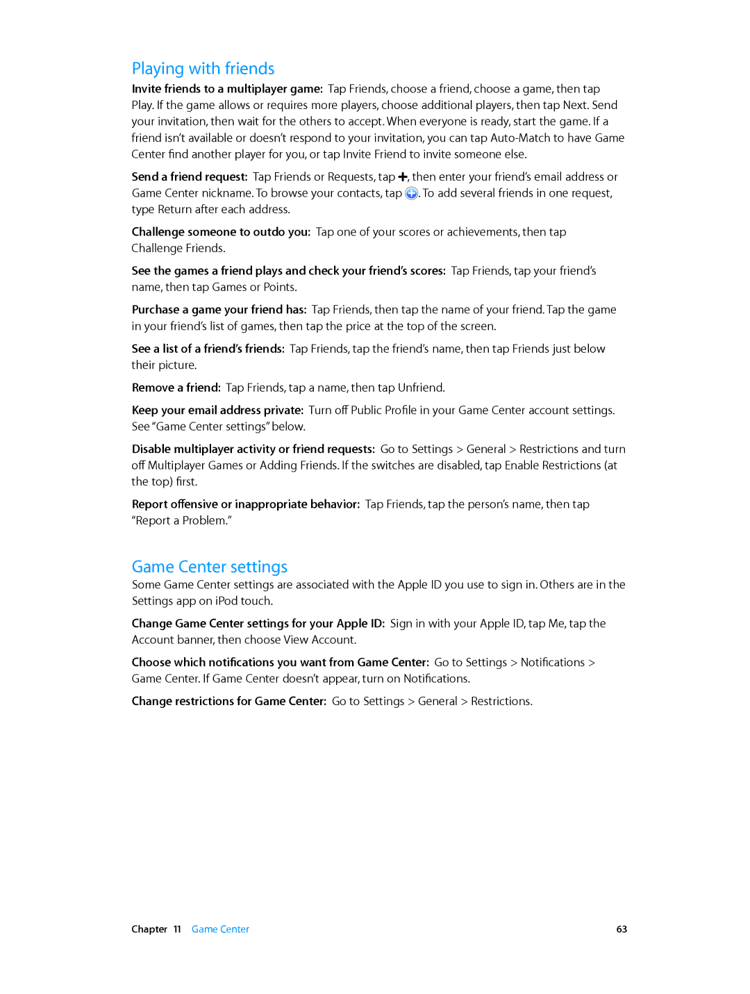 Apple MC903LL/A, ME643LL/A, MD724LL/A manual Playing with friends, Game Center settings 