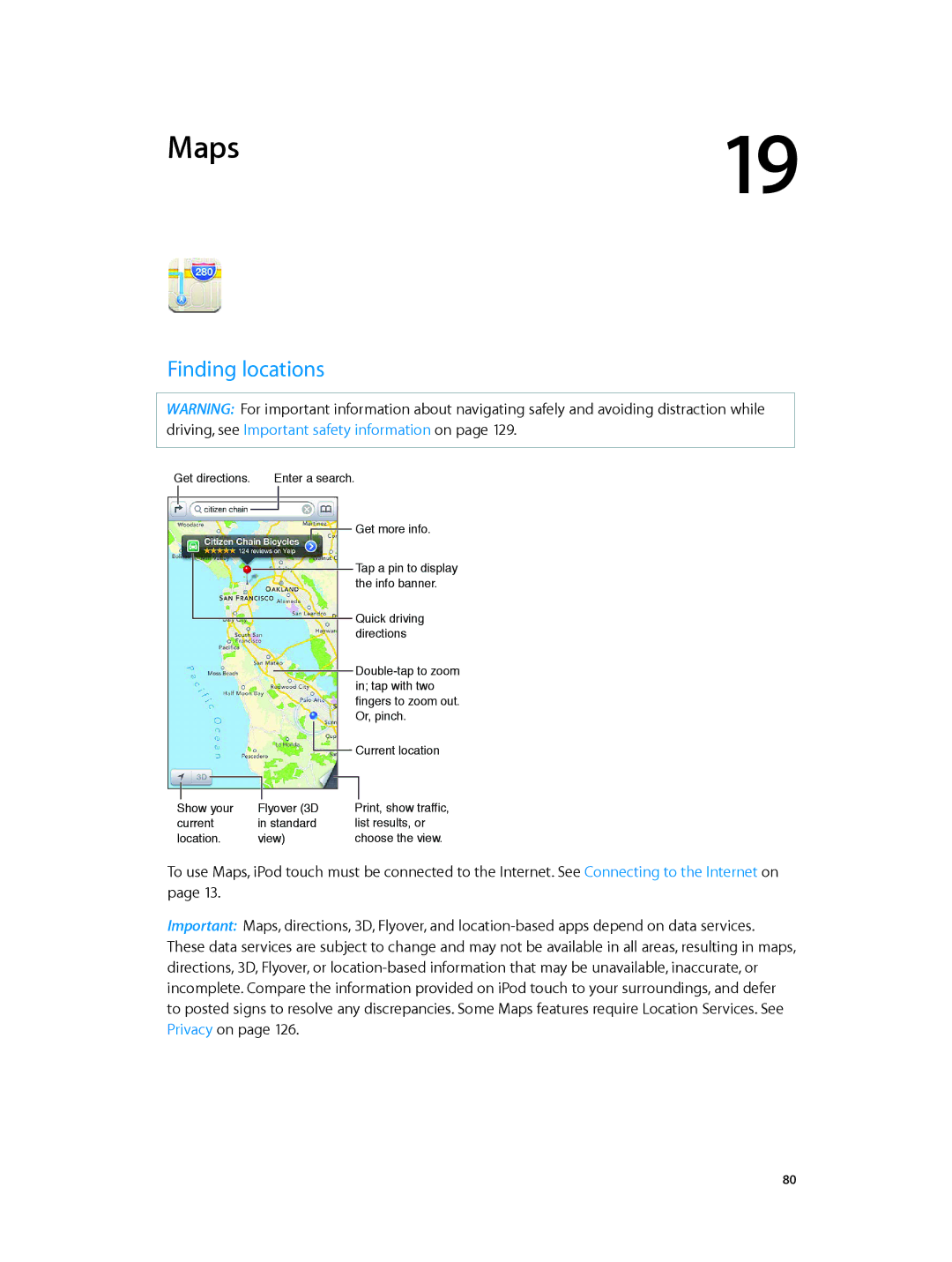 Apple MD724LL/A, MC903LL/A, ME643LL/A manual Maps, Finding locations 