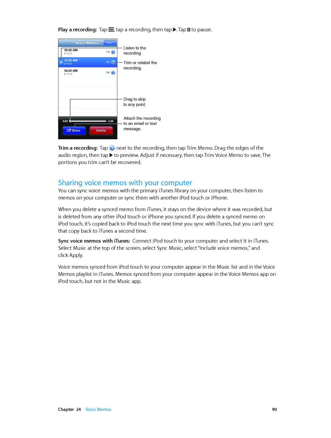 Apple MC903LL/A, ME643LL/A, MD724LL/A manual Sharing voice memos with your computer 