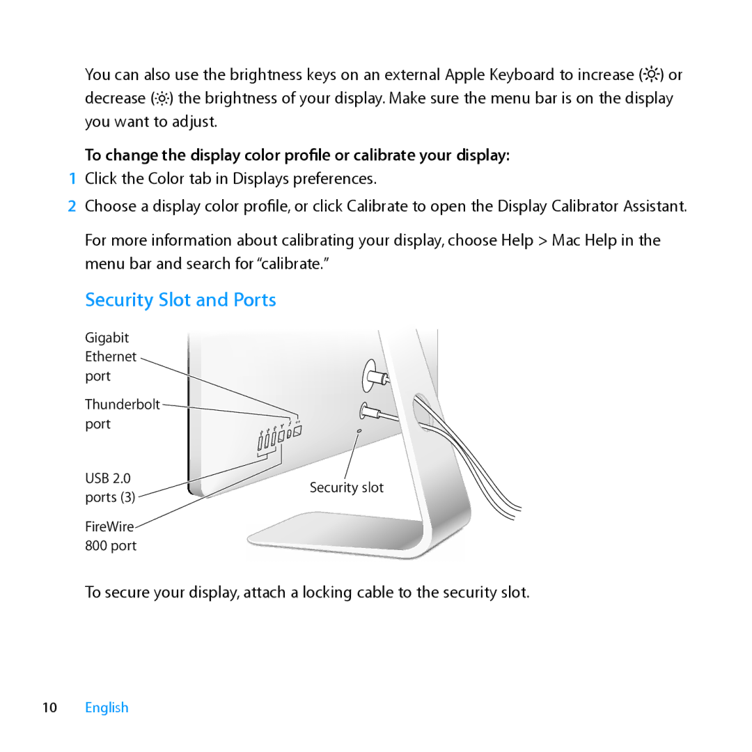 Apple MC914LL/B, MC914LL/A manual Security Slot and Ports, Click the Color tab in Displays preferences 