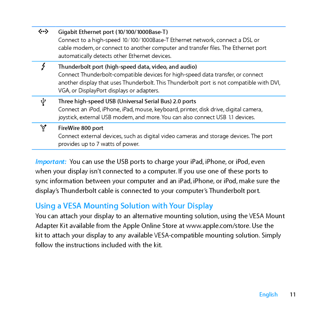 Apple MC914LL/A, MC914LL/B manual Using a Vesa Mounting Solution with Your Display, Gigabit Ethernet port 10/100/1000Base-T 
