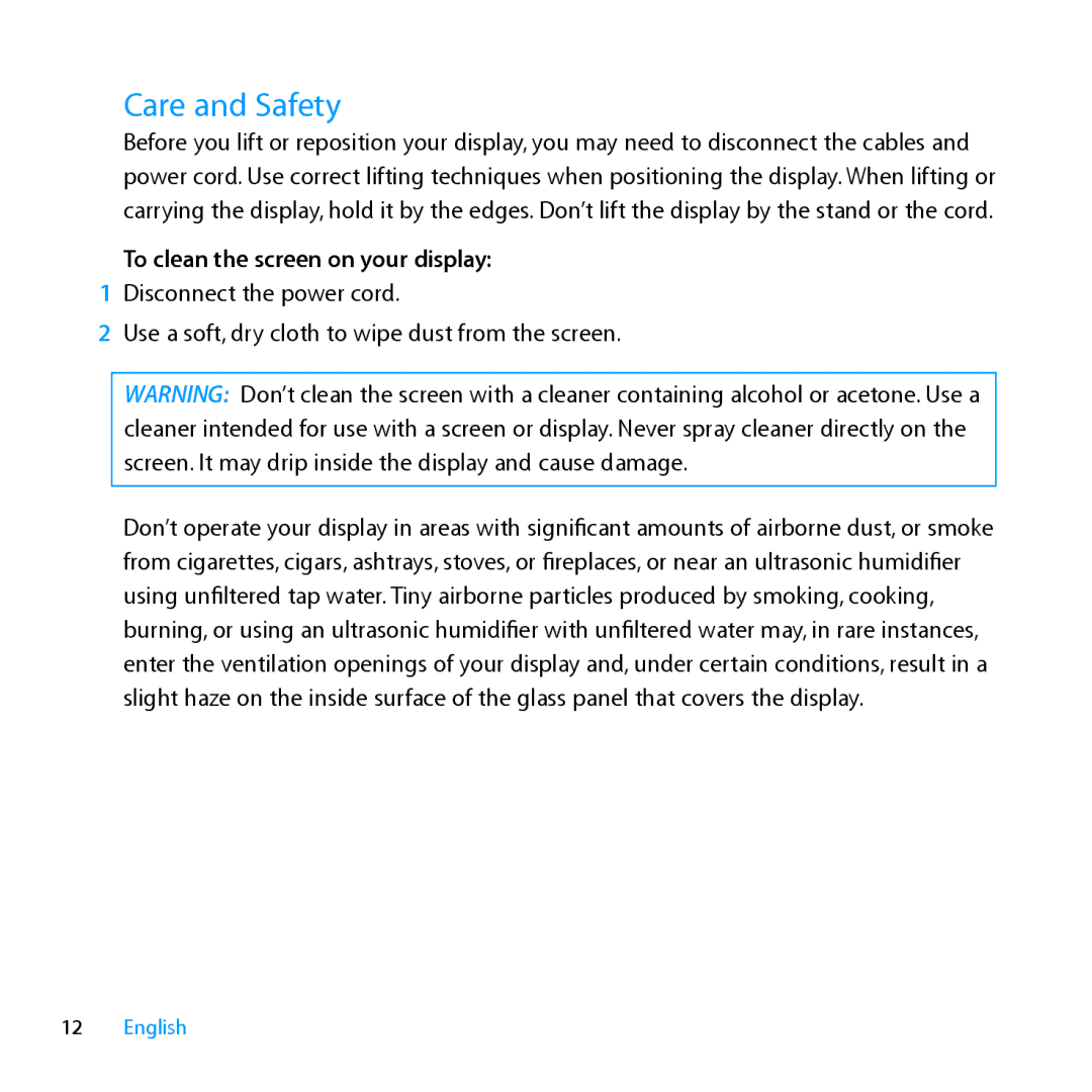 Apple MC914LL/B, MC914LL/A manual Care and Safety, To clean the screen on your display 