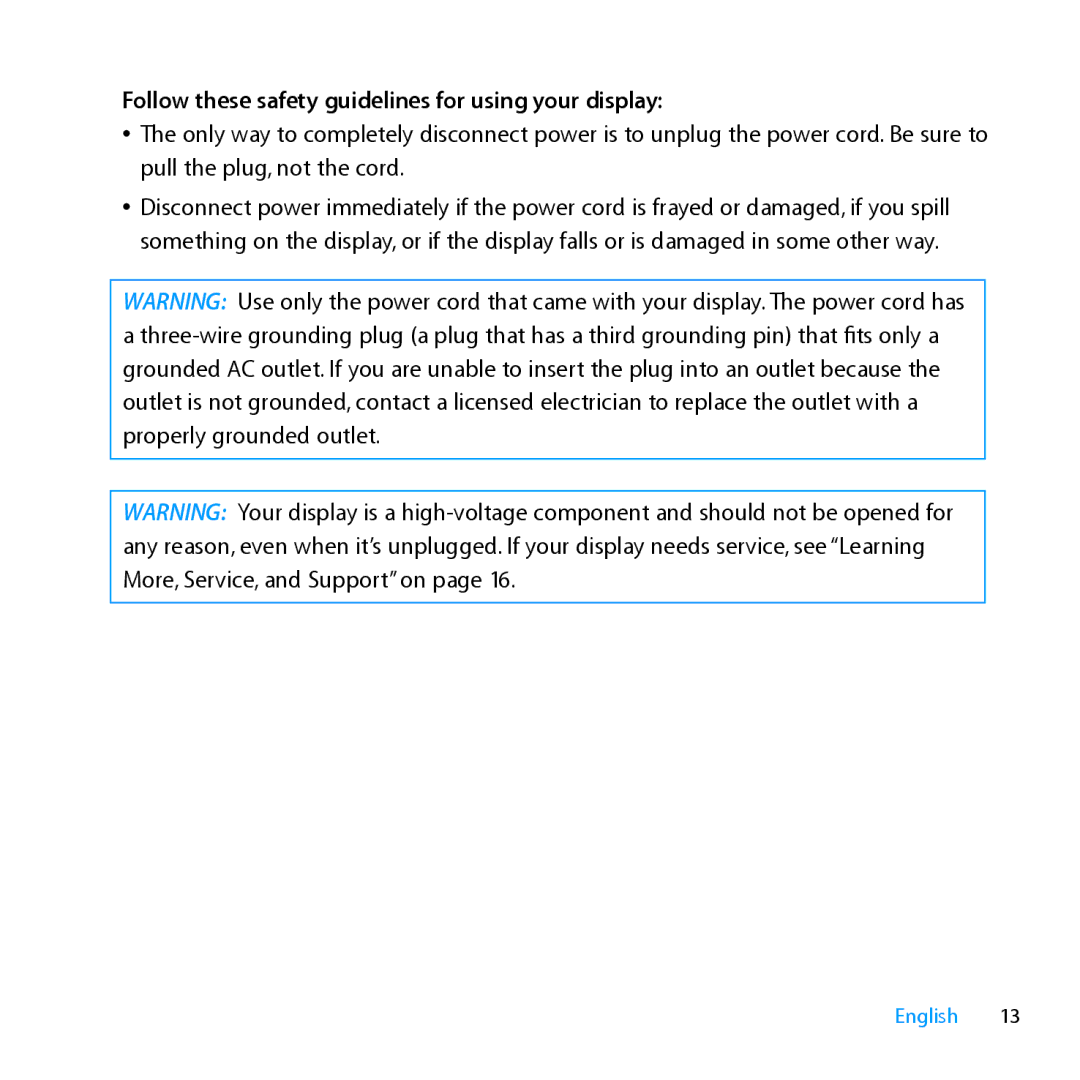 Apple MC914LL/A, MC914LL/B manual Follow these safety guidelines for using your display 