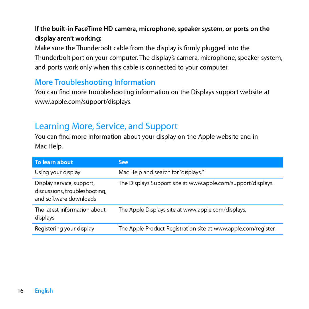 Apple MC914LL/B, MC914LL/A manual Learning More, Service, and Support, More Troubleshooting Information 