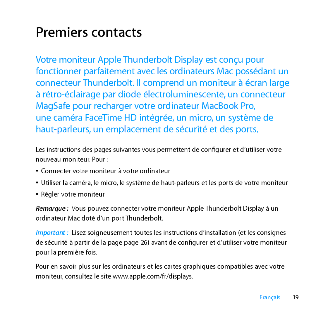 Apple MC914LL/A, MC914LL/B manual Premiers contacts 