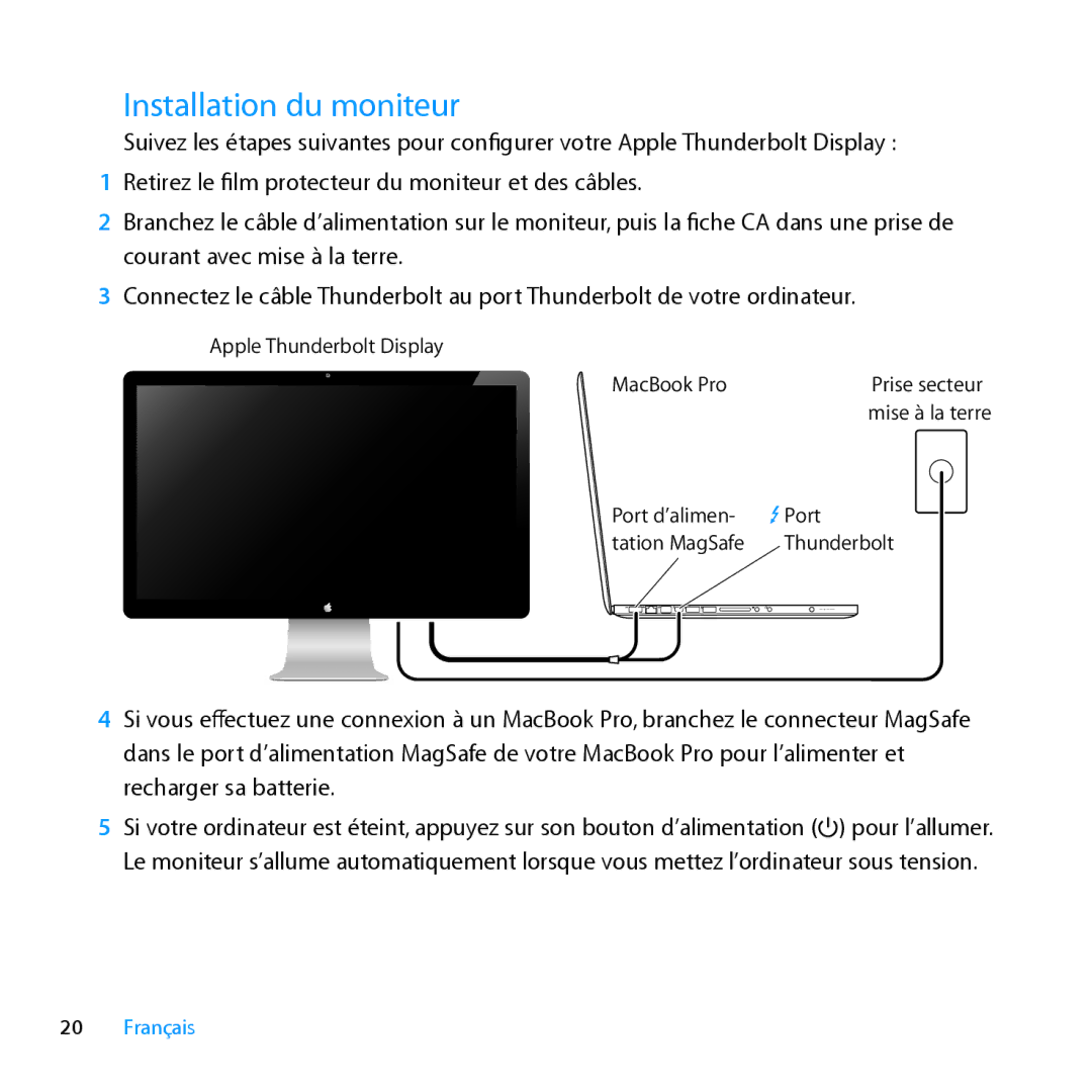 Apple MC914LL/B, MC914LL/A manual Installation du moniteur 