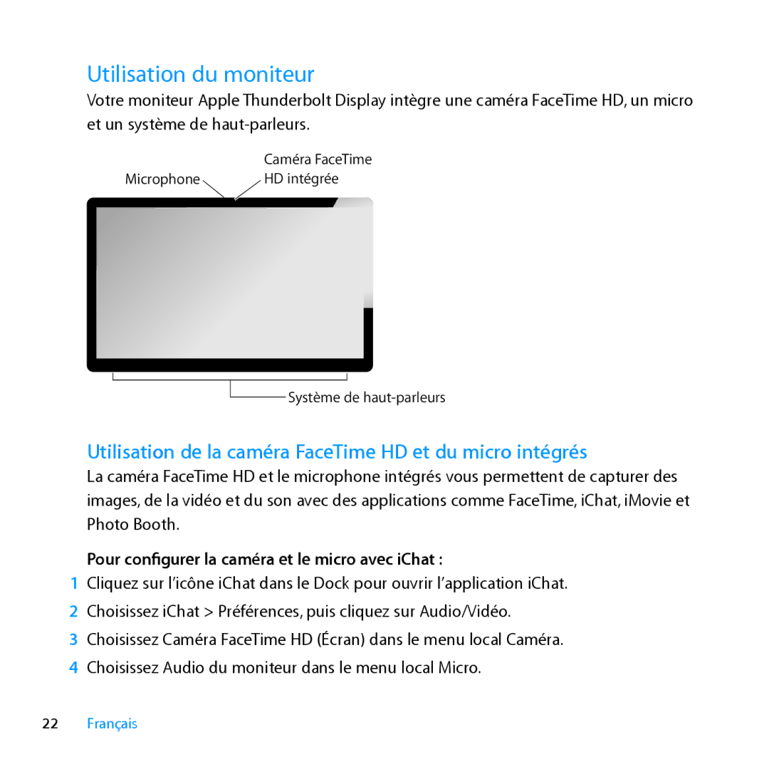 Apple MC914LL/B, MC914LL/A manual Utilisation du moniteur, Utilisation de la caméra FaceTime HD et du micro intégrés 