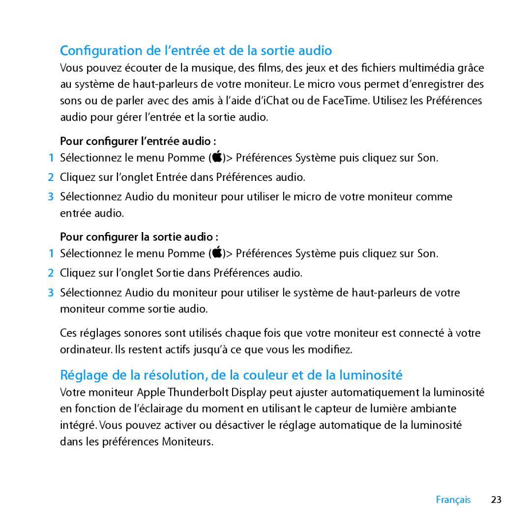 Apple MC914LL/A, MC914LL/B manual Configuration de l’entrée et de la sortie audio, Pour configurer l’entrée audio 