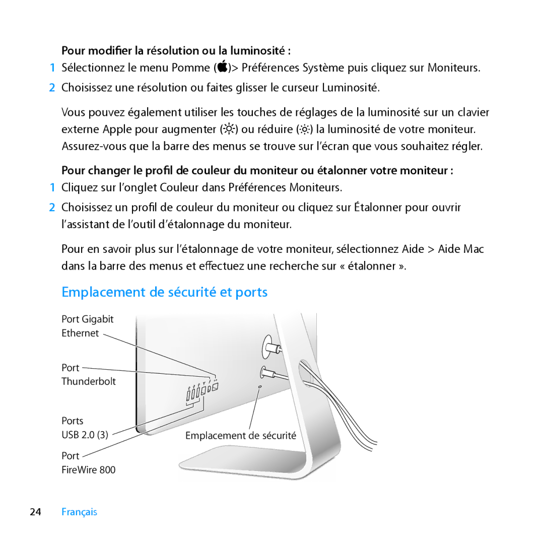 Apple MC914LL/B, MC914LL/A manual Emplacement de sécurité et ports, Pour modifier la résolution ou la luminosité 