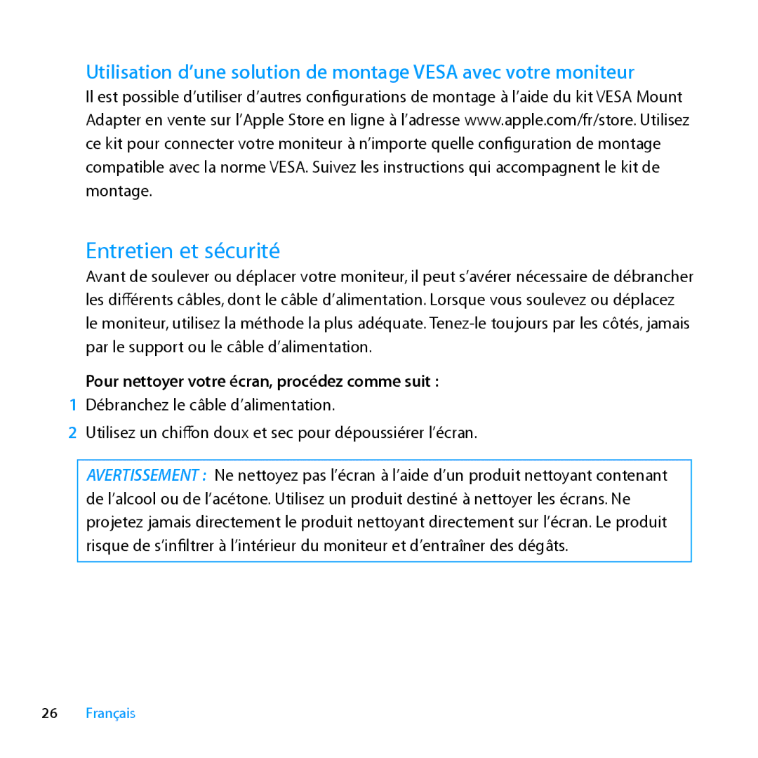 Apple MC914LL/B, MC914LL/A manual Entretien et sécurité, Pour nettoyer votre écran, procédez comme suit 