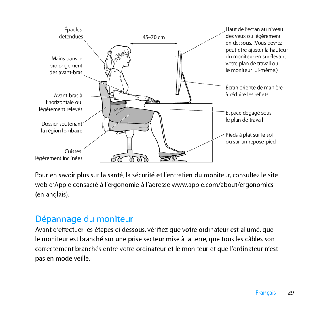 Apple MC914LL/A, MC914LL/B manual Dépannage du moniteur, Épaules Détendues 