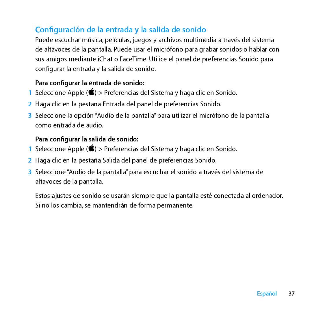 Apple MC914LL/A, MC914LL/B manual Configuración de la entrada y la salida de sonido, Para configurar la entrada de sonido 