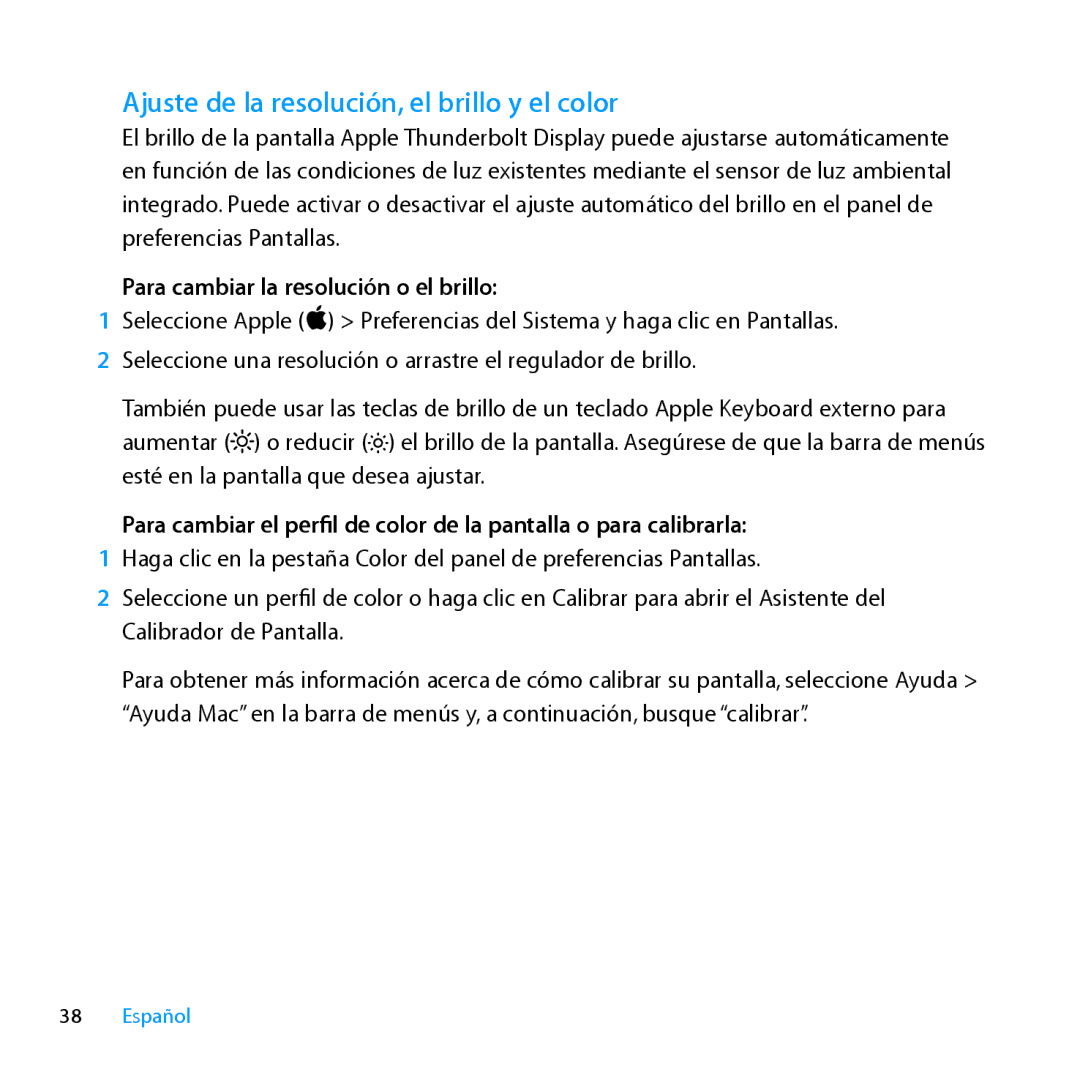 Apple MC914LL/B, MC914LL/A manual Ajuste de la resolución, el brillo y el color, Para cambiar la resolución o el brillo 