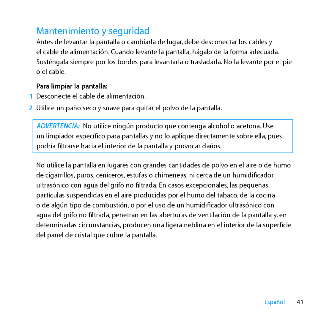 Apple MC914LL/A, MC914LL/B manual Mantenimiento y seguridad, Para limpiar la pantalla 