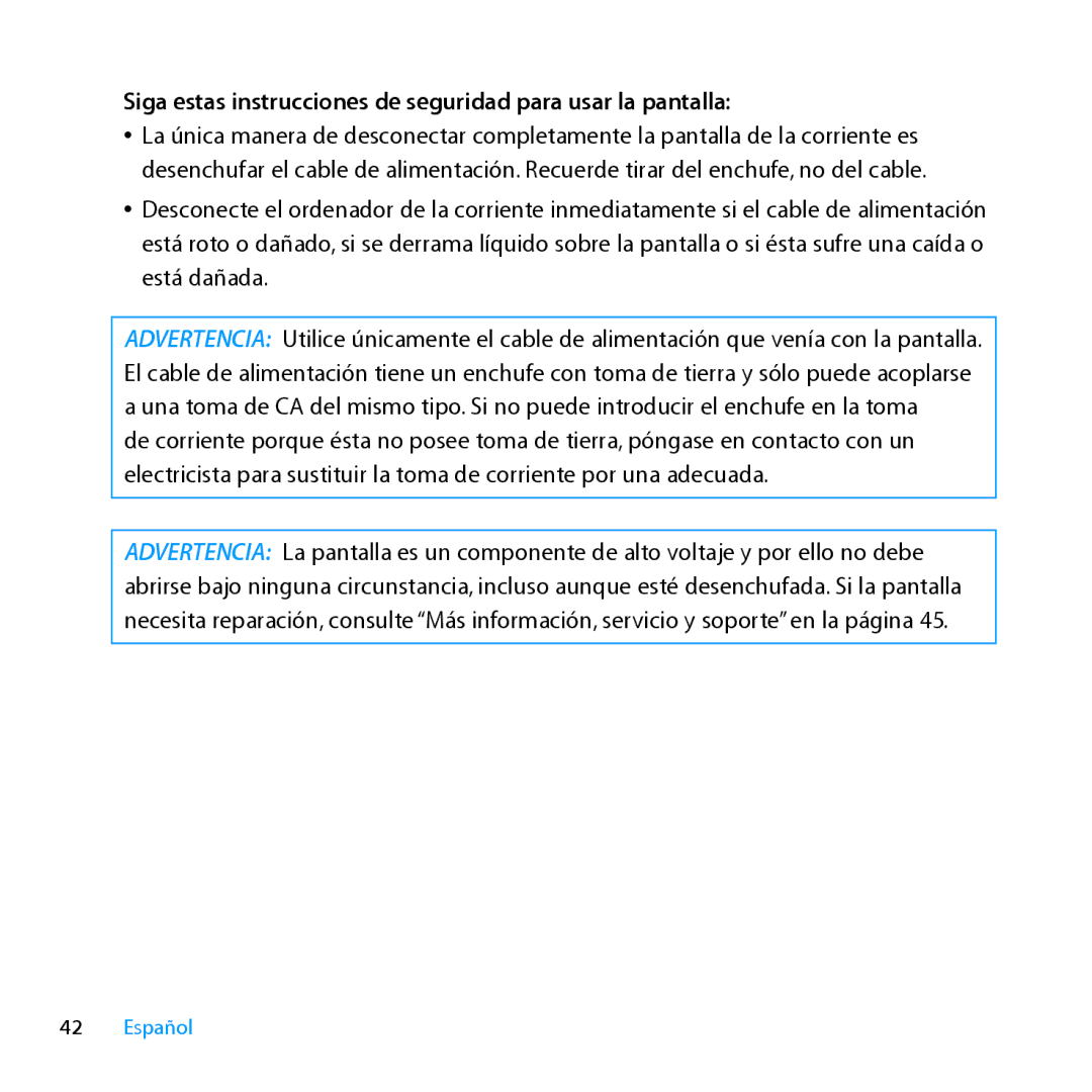 Apple MC914LL/B, MC914LL/A manual Siga estas instrucciones de seguridad para usar la pantalla 