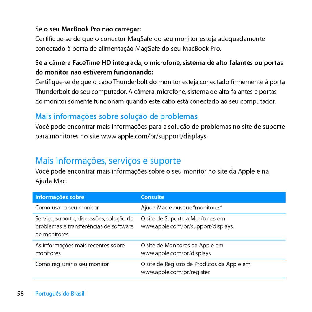 Apple MC914LL/B, MC914LL/A manual Mais informações, serviços e suporte, Mais informações sobre solução de problemas 