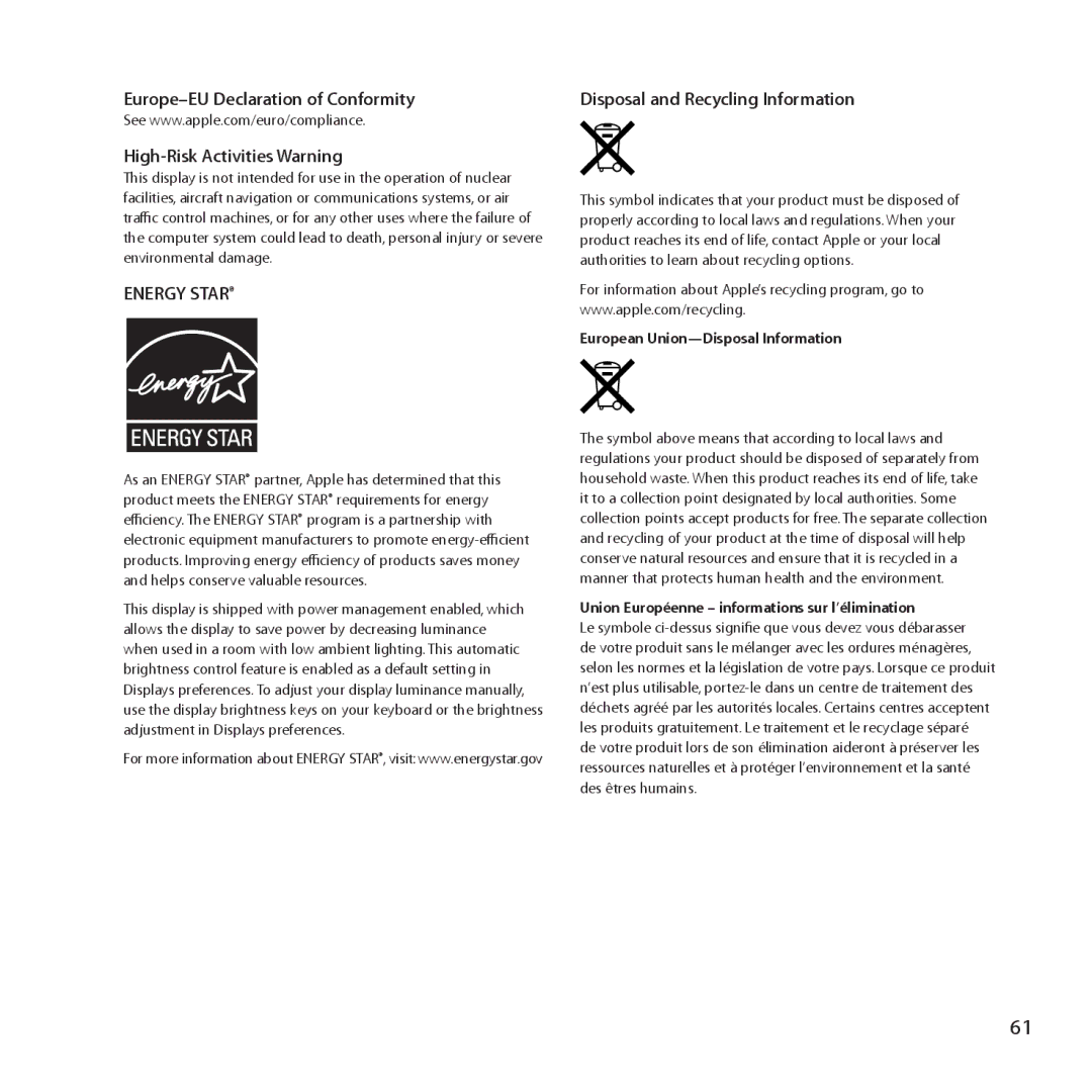 Apple MC914LL/A, MC914LL/B manual Energy Star 