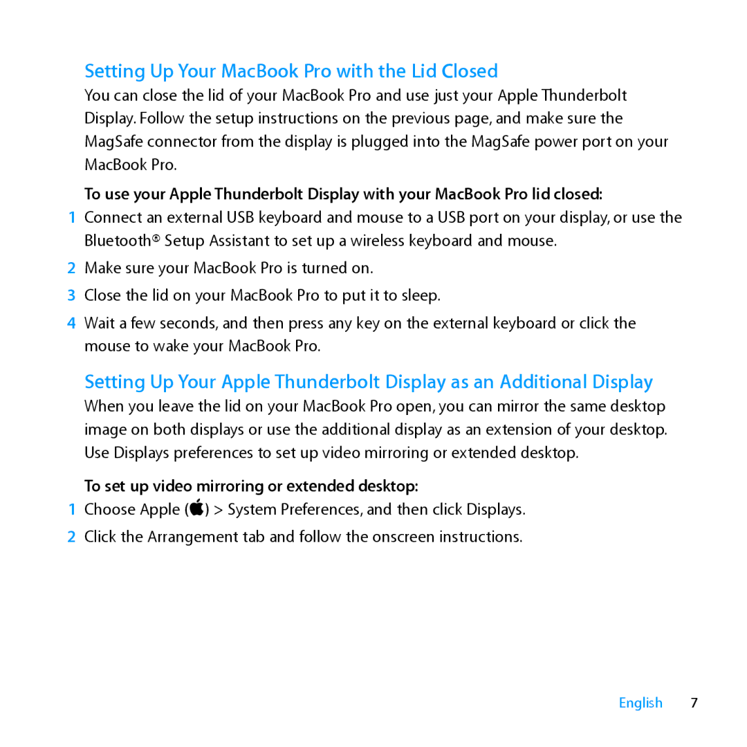 Apple MC914LL/A, MC914LL/B Setting Up Your MacBook Pro with the Lid Closed, To set up video mirroring or extended desktop 