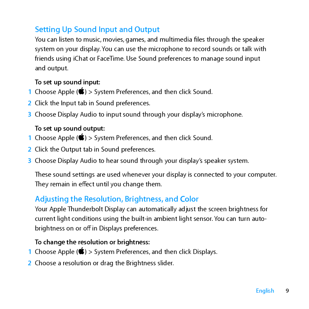 Apple MC914LL/A Setting Up Sound Input and Output, Adjusting the Resolution, Brightness, and Color, To set up sound input 