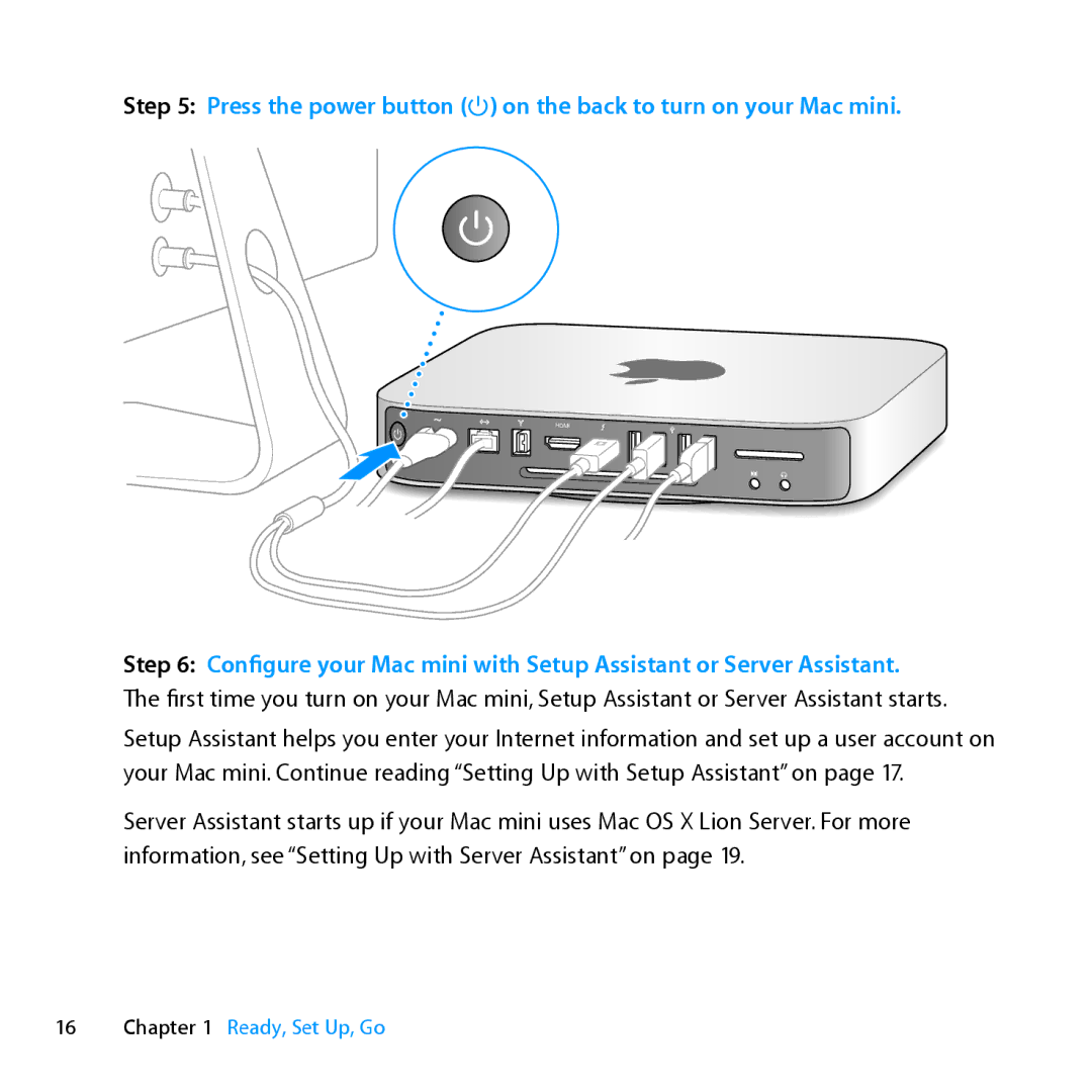 Apple MC936LL/A manual Press the power button on the back to turn on your Mac mini 