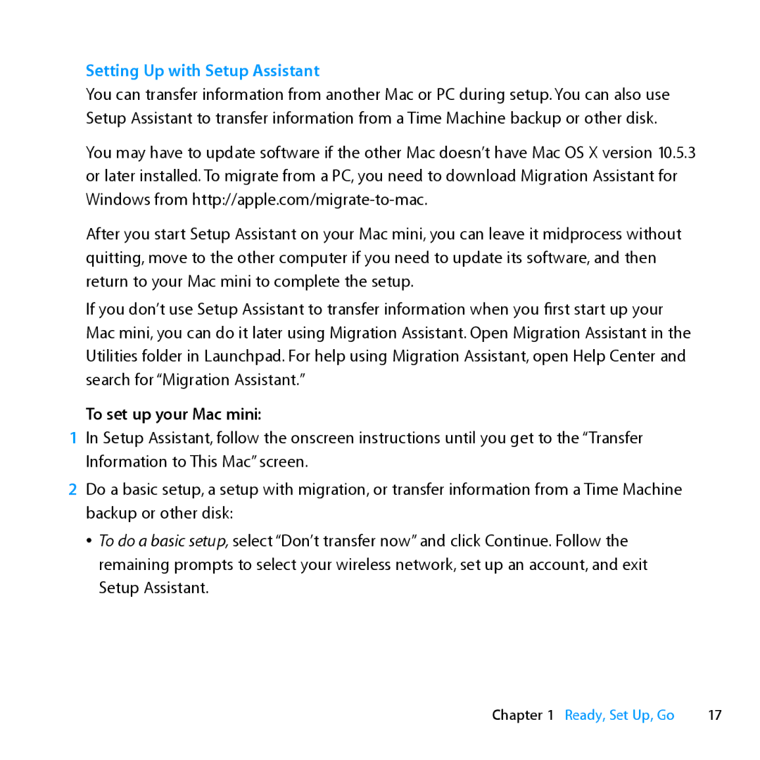 Apple MC936LL/A manual Setting Up with Setup Assistant, To set up your Mac mini 