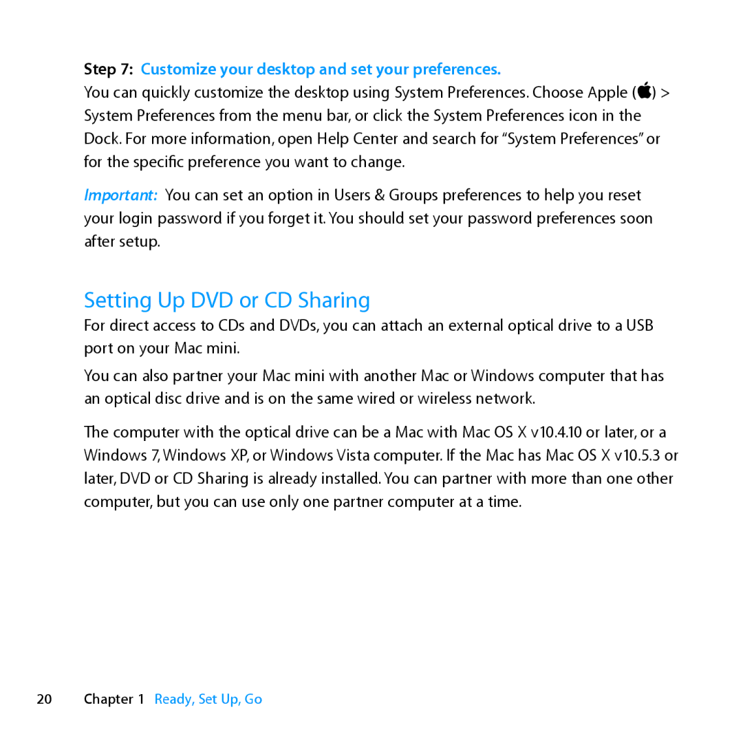 Apple MC936LL/A manual Setting Up DVD or CD Sharing, Customize your desktop and set your preferences 