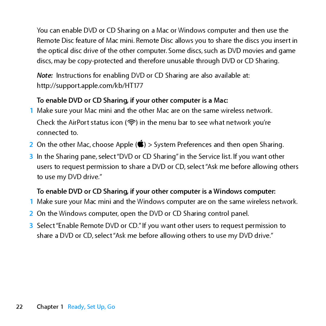 Apple MC936LL/A manual To enable DVD or CD Sharing, if your other computer is a Mac 