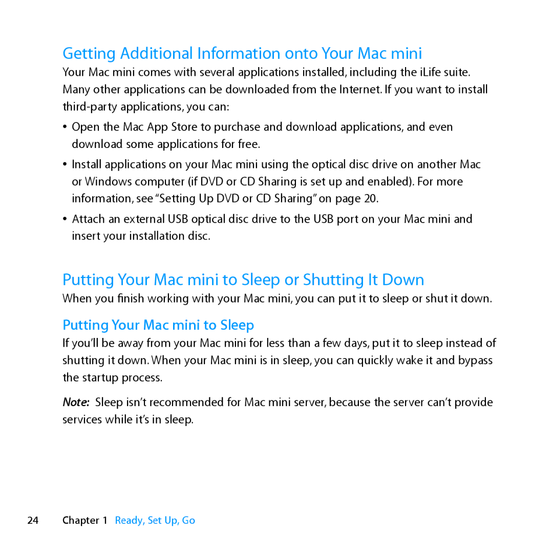 Apple MC936LL/A Getting Additional Information onto Your Mac mini, Putting Your Mac mini to Sleep or Shutting It Down 