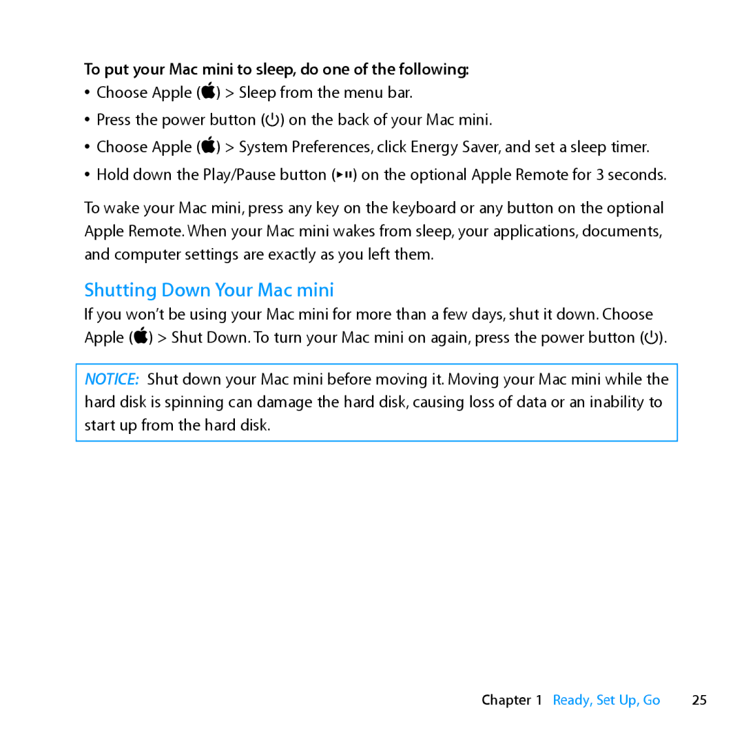 Apple MC936LL/A manual Shutting Down Your Mac mini, To put your Mac mini to sleep, do one of the following 