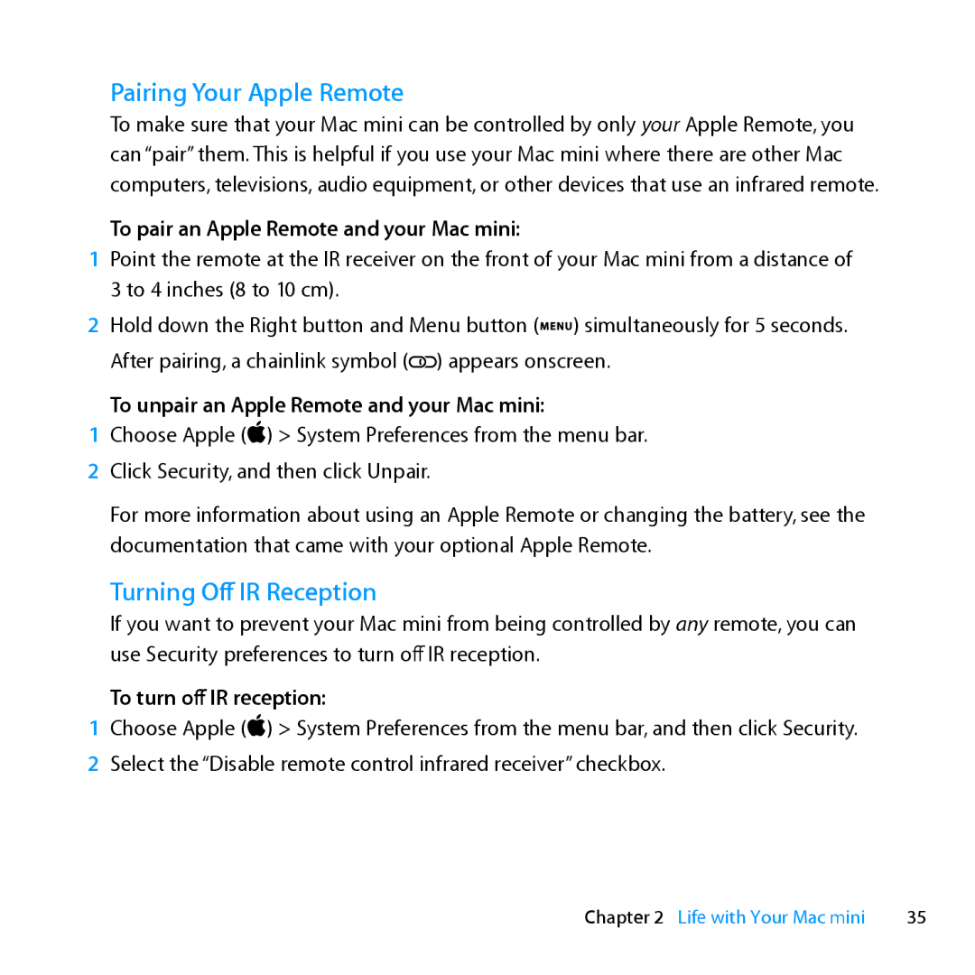 Apple MC936LL/A manual Pairing Your Apple Remote, Turning Off IR Reception, To pair an Apple Remote and your Mac mini 