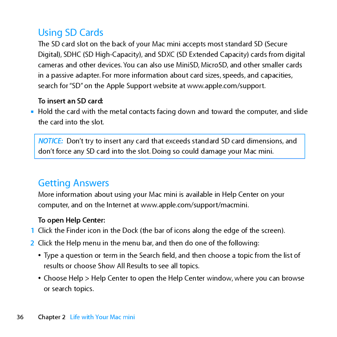 Apple MC936LL/A manual Using SD Cards, Getting Answers, To insert an SD card, To open Help Center 