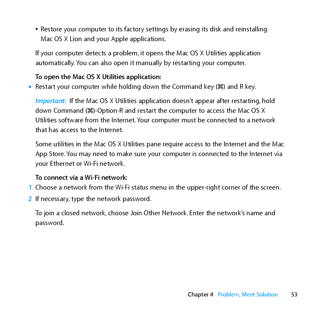 Apple MC936LL/A manual To open the Mac OS X Utilities application, To connect via a Wi-Fi network 