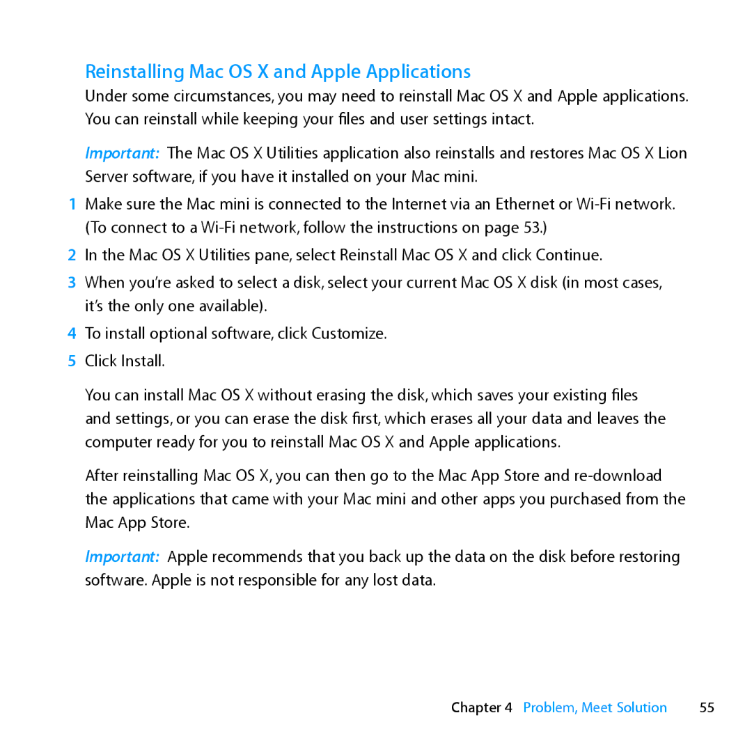 Apple MC936LL/A manual Reinstalling Mac OS X and Apple Applications 