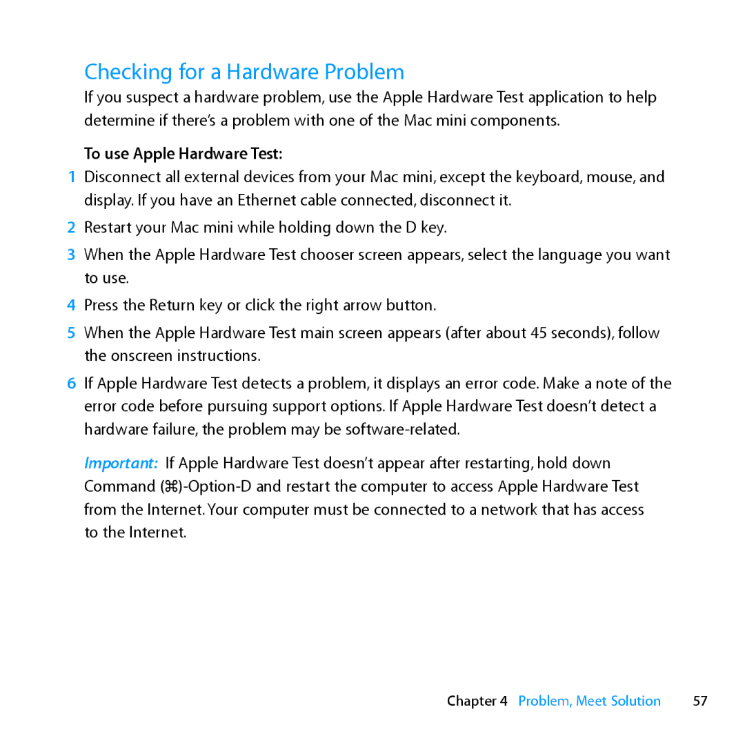 Apple MC936LL/A manual Checking for a Hardware Problem, To use Apple Hardware Test 