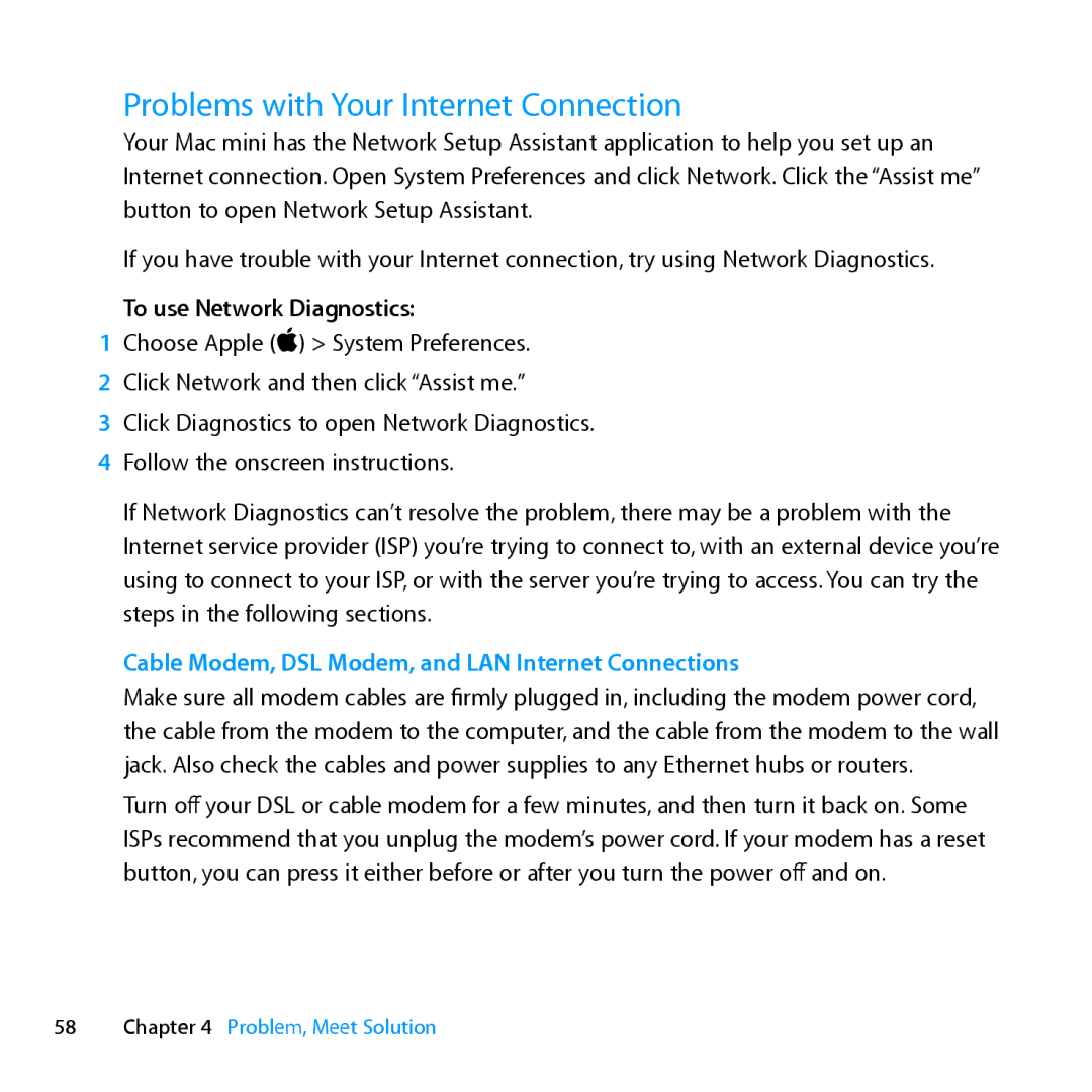 Apple MC936LL/A manual Problems with Your Internet Connection, To use Network Diagnostics 