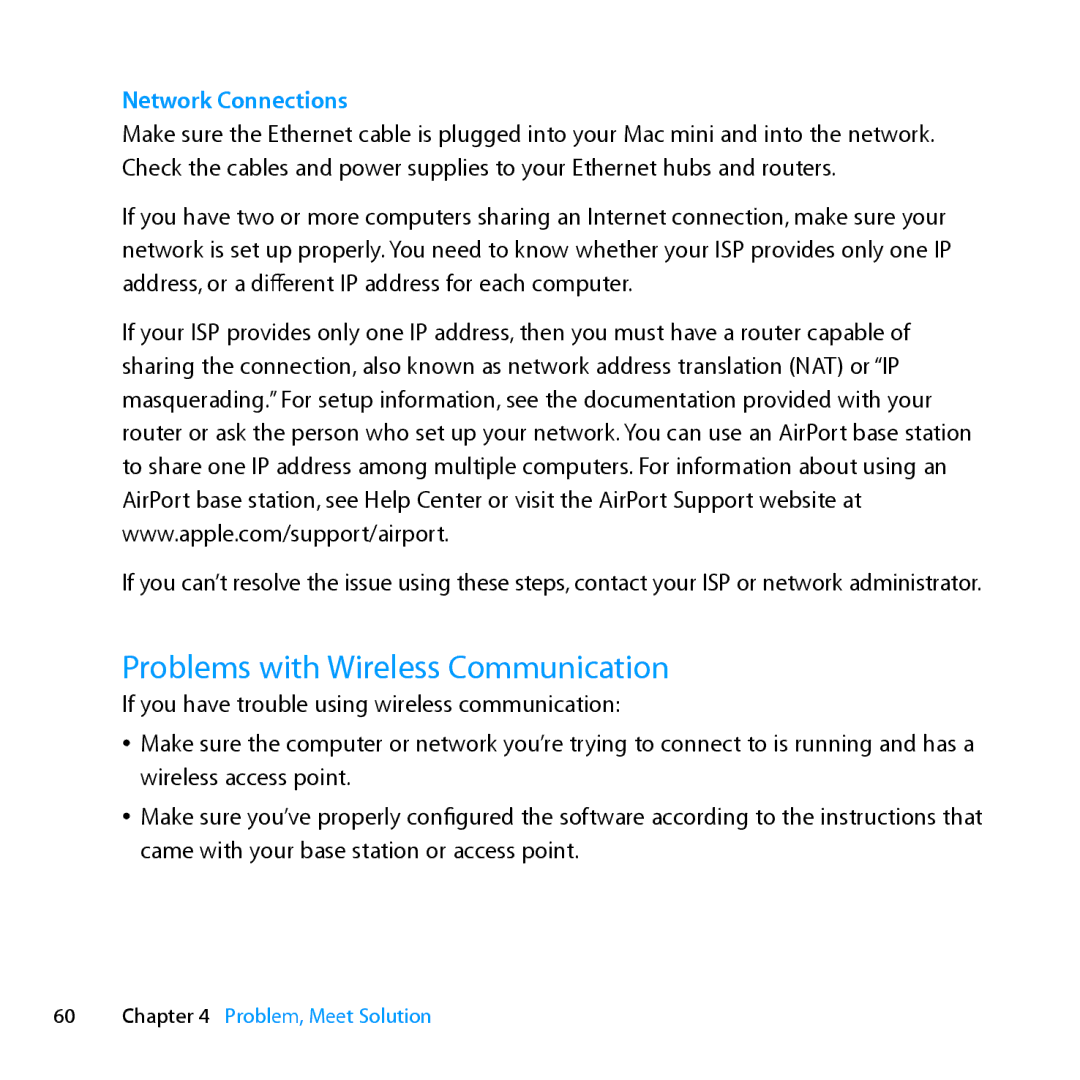 Apple MC936LL/A manual Problems with Wireless Communication, Network Connections 