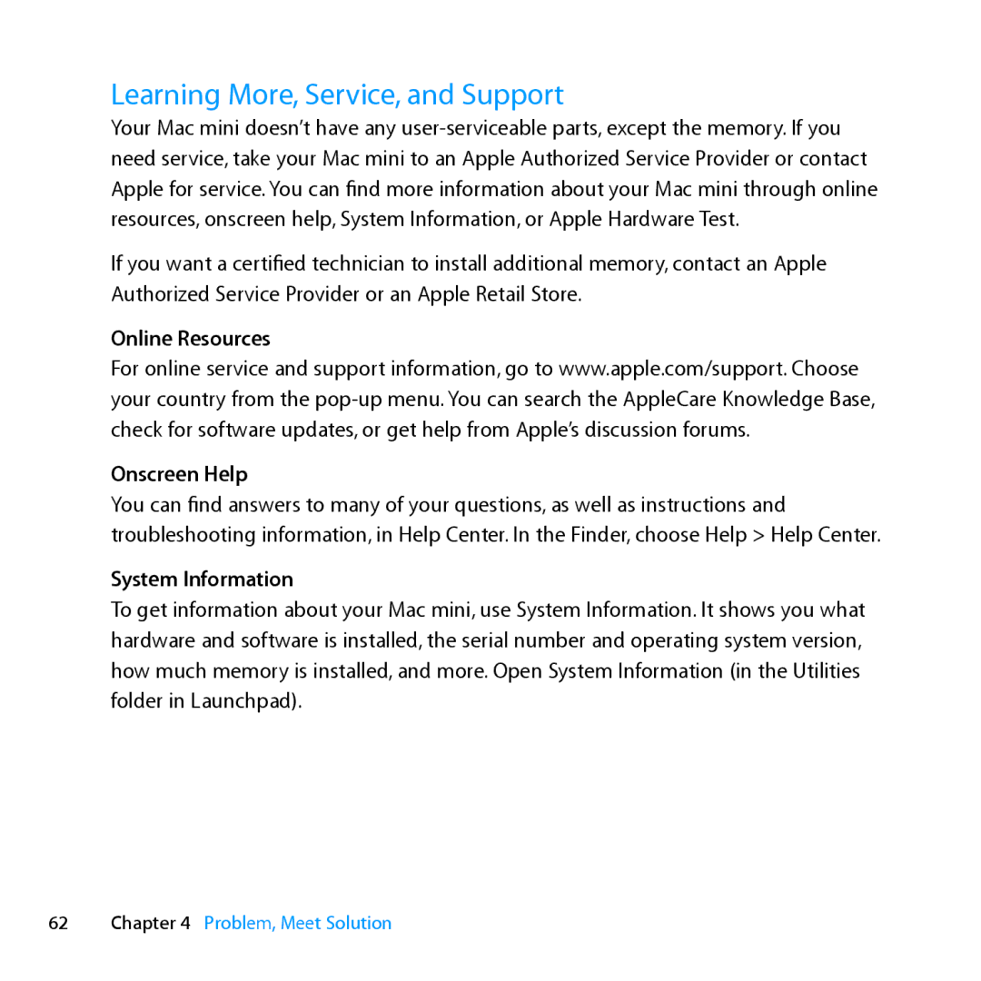 Apple MC936LL/A manual Learning More, Service, and Support, Online Resources Onscreen Help, System Information 