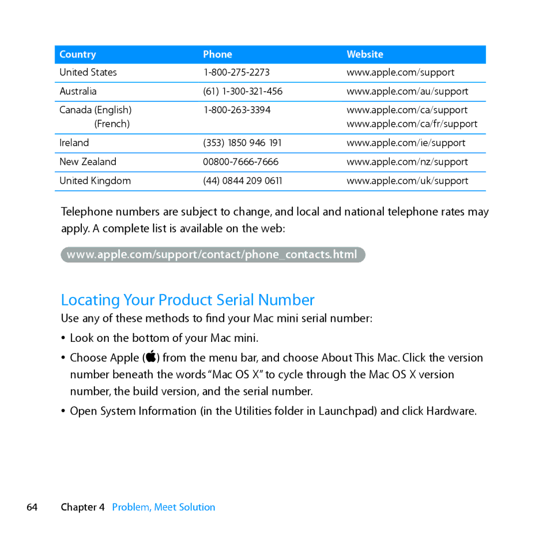 Apple MC936LL/A manual Locating Your Product Serial Number, Country Phone Website 