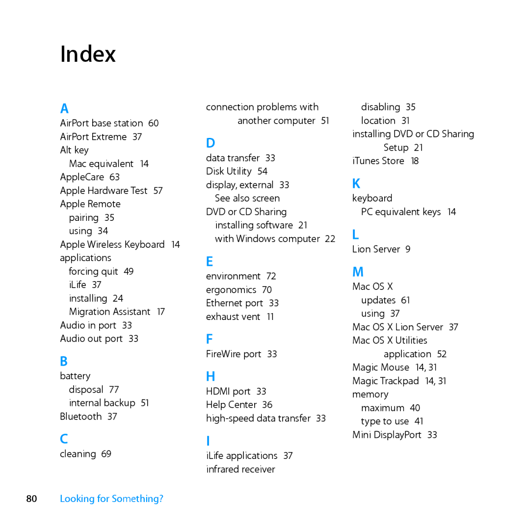 Apple MC936LL/A manual Index 