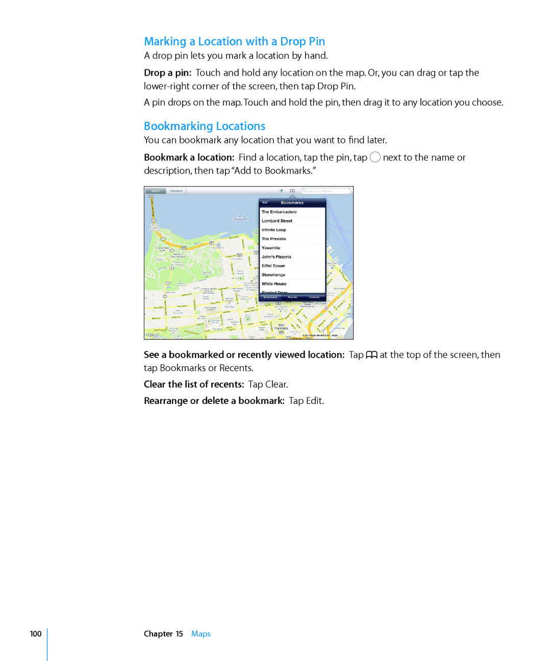 Apple MC992LL/A, MC983LL/A, MC987LL/A, MC963LL/A, MC774LL/A Marking a Location with a Drop Pin, Bookmarking Locations, Maps 