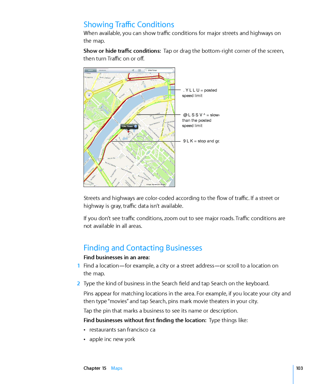 Apple MC963LL/A manual Showing Traffic Conditions, Finding and Contacting Businesses, Find businesses in an area, Maps 103 