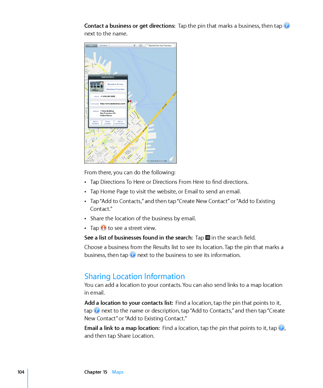 Apple MC774LL/A, MC992LL/A, MC983LL/A, MC987LL/A Sharing Location Information, From there, you can do the following, Maps 