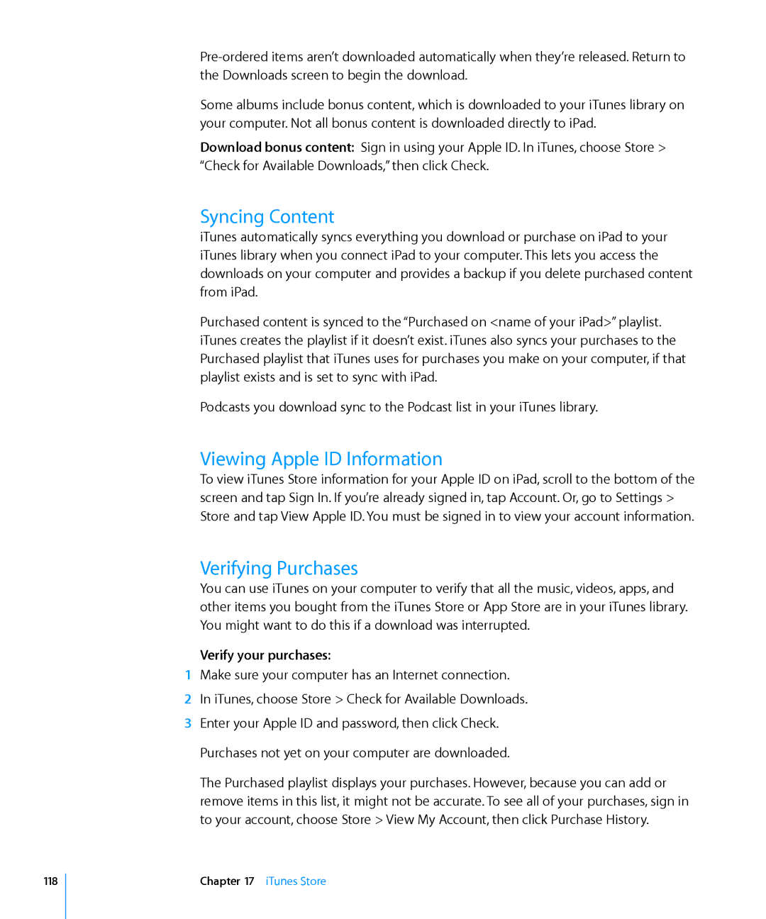 Apple MC496LL/A Syncing Content, Viewing Apple ID Information, Verifying Purchases, Verify your purchases, ITunes Store 