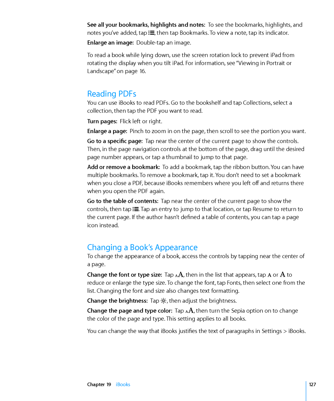 Apple MC823LL/A, MC992LL/A, MC983LL/A, MC987LL/A, MC963LL/A, MC774LL/A, MC959LLA manual Changing a Book’s Appearance, IBooks 127 