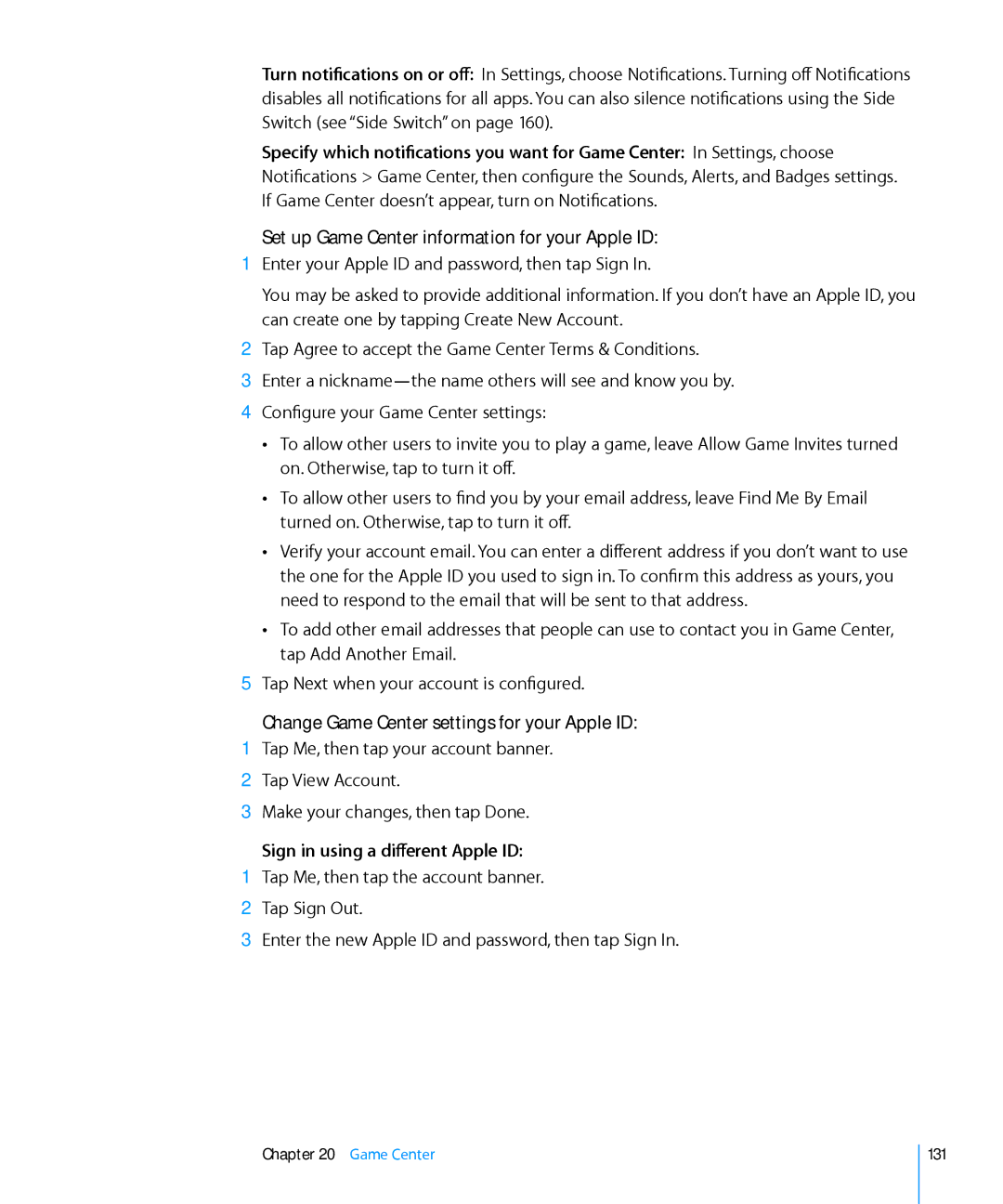 Apple MC820LL/A manual Change Game Center settings for your Apple ID, Sign in using a different Apple ID, Game Center 131 
