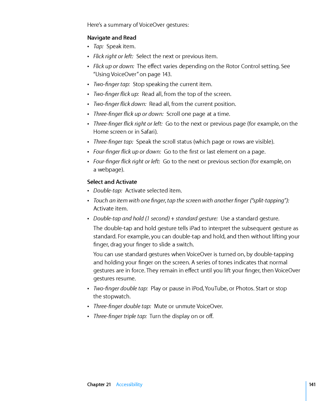 Apple MC983LL/A, MC959LLA Here’s a summary of VoiceOver gestures, Select and Activate, ÂÂ Double-tapActivate selected item 