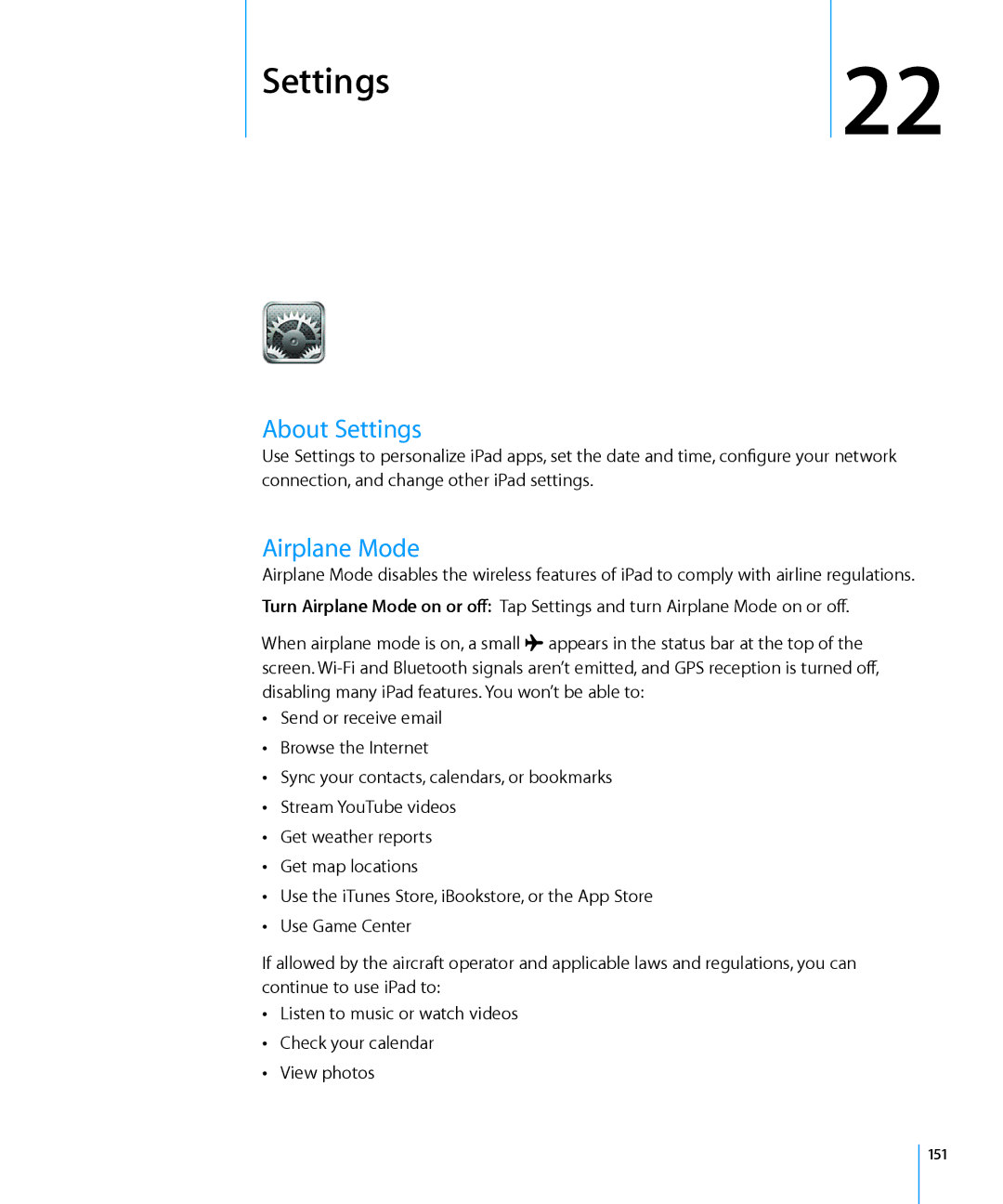 Apple MC820LL/A, MC992LL/A, MC983LL/A, MC987LL/A, MC963LL/A, MC774LL/A, MC959LLA manual About Settings, Airplane Mode, 151 