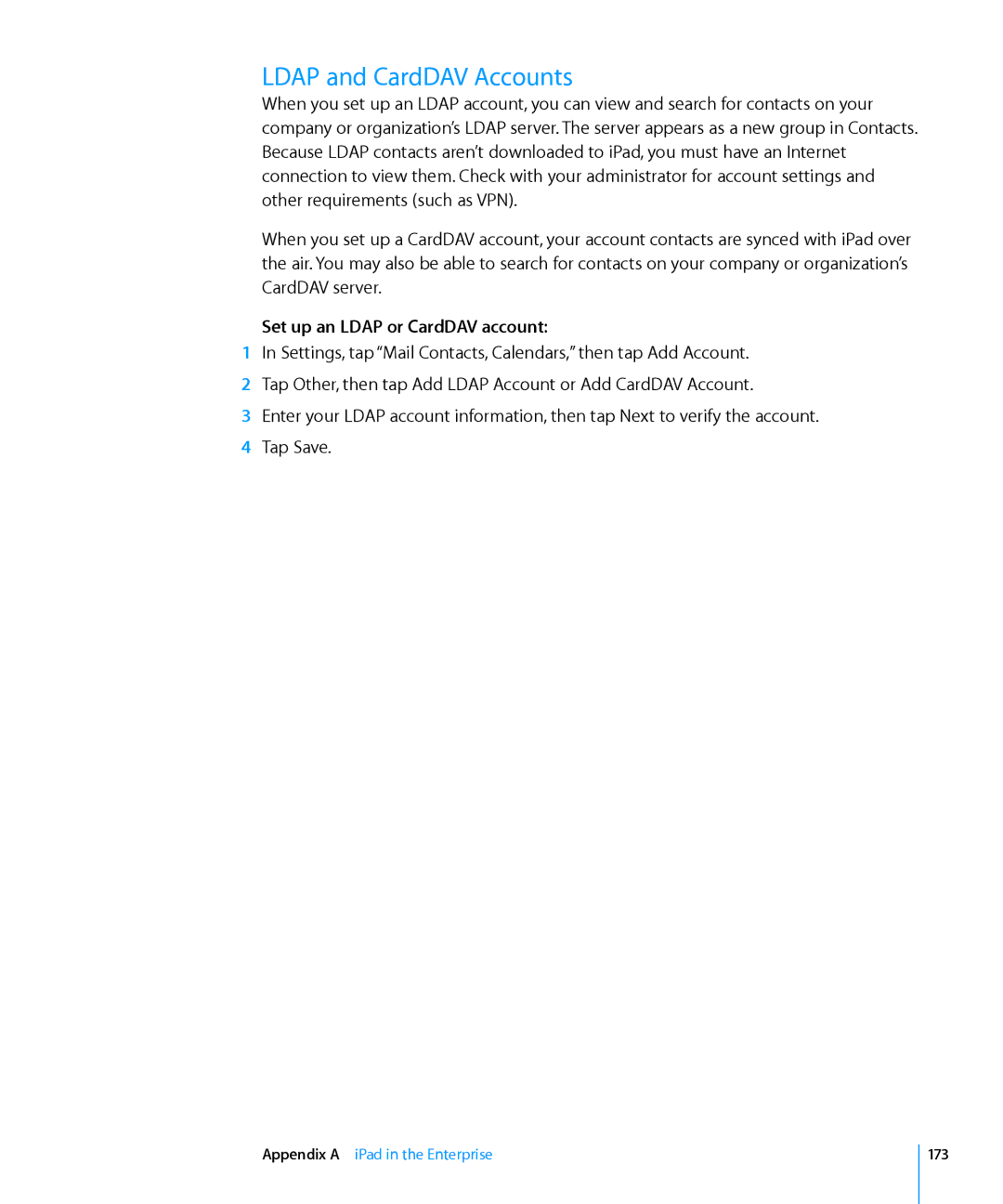 Apple MC770LL/A, MC992LL/A, MC983LL/A, MC987LL/A, MC963LL/A Ldap and CardDAV Accounts, Set up an Ldap or CardDAV account, 173 